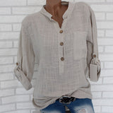 Womens Cotton Linen Stand Collar Shirt Tops Plus Size 5XL White Solid Pocket Womens Shirts 2020 Summer Spring Loose Top Female
